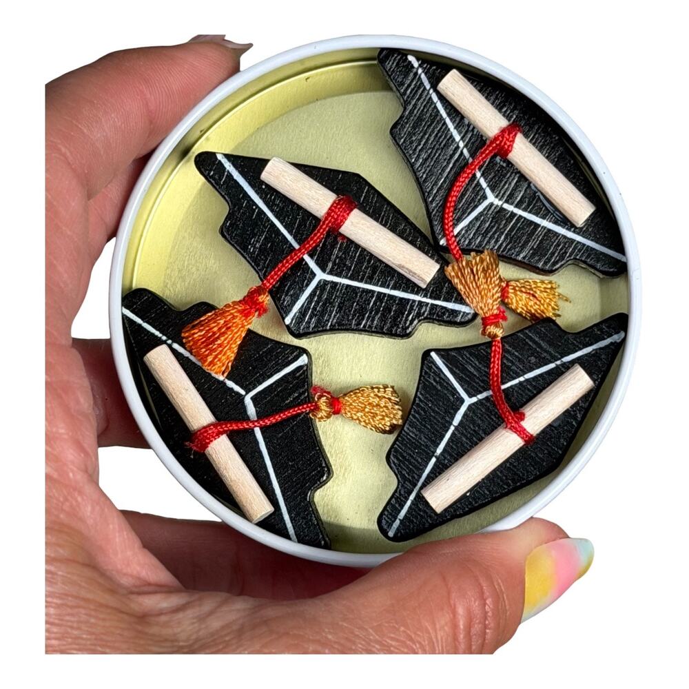 Vintage Graduation Magnets Knobler Japan Set of 4 Wooden 3D Cap Tassel NOS